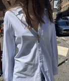 DERMEARNE Casual Women Blue Single-breasted Striped Shirts 2025 Summer Fashion Ladies Polo Neck With Pocket Shirts Female Loose Shirts