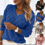 DERMEARNE Casual Women Knit Sweater Oversize Autumn Winter Hollow Out Knitwear Feather Long Sleeve V Neck Pullover Sweater Jumper Top