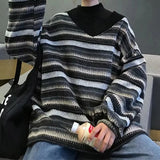 Dermearne Casual stripe pattern knitted sweater V-neck 90S tops emo girl urban street beauty punk high street retro hop silm women sweater