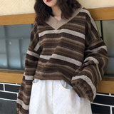 Dermearne Casual stripe pattern knitted sweater V-neck 90S tops emo girl urban street beauty punk high street retro hop silm women sweater