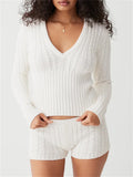 DERMEARNE Chic 2 Piece Set Women Twist V Neck Cropped Sweater and Mini Shorts Sets Y2K Aesthetic Casual Knit Pullovers Short Pant Suit