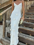 DERMEARNE Chic 3D Floral Maxi Dress Women Fashion V-neck Sleeveless Backless Long Dress 2025 New White Lady Party Club Beach Holiday Robe