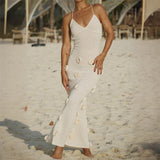 DERMEARNE Chic 3D Floral Maxi Dress Women Fashion V-neck Sleeveless Backless Long Dress 2025 New White Lady Party Club Beach Holiday Robe