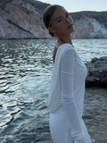 DERMEARNE Chic Backless White Long Sleeved Slim Fit Dress for Women Pleated Elegant Round Neck Long Dresses 2025 New Female Evening Gowns
