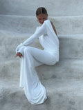 DERMEARNE Chic Backless White Long Sleeved Slim Fit Dress for Women Pleated Elegant Round Neck Long Dresses 2025 New Female Evening Gowns
