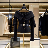 DERMEARNE Chic Black Short Jacket Women's 2025 Autumn New Letter Belt Top Lady High-end Shoulder Outwear Single-breasted Clothing Coat Y2K