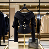 DERMEARNE Chic Black Short Jacket Women's 2025 Autumn New Letter Belt Top Lady High-end Shoulder Outwear Single-breasted Clothing Coat Y2K