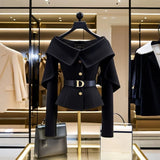DERMEARNE Chic Black Short Jacket Women's 2025 Autumn New Letter Belt Top Lady High-end Shoulder Outwear Single-breasted Clothing Coat Y2K