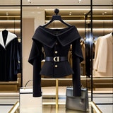 DERMEARNE Chic Black Short Jacket Women's 2025 Autumn New Letter Belt Top Lady High-end Shoulder Outwear Single-breasted Clothing Coat Y2K