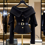 DERMEARNE Chic Black Short Jacket Women's 2025 Autumn New Letter Belt Top Lady High-end Shoulder Outwear Single-breasted Clothing Coat Y2K