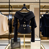 DERMEARNE Chic Black Short Jacket Women's 2025 Autumn New Letter Belt Top Lady High-end Shoulder Outwear Single-breasted Clothing Coat Y2K