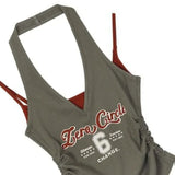 DERMEARNE Chic Fashion Women All Match Contrast Color Fake Two Piece Sexy Halter Camisole American Y2k Print Bandage Slim Crop Tank Tops