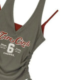 DERMEARNE Chic Fashion Women All Match Contrast Color Fake Two Piece Sexy Halter Camisole American Y2k Print Bandage Slim Crop Tank Tops