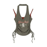 DERMEARNE Chic Fashion Women All Match Contrast Color Fake Two Piece Sexy Halter Camisole American Y2k Print Bandage Slim Crop Tank Tops