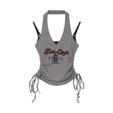 DERMEARNE Chic Fashion Women All Match Contrast Color Fake Two Piece Sexy Halter Camisole American Y2k Print Bandage Slim Crop Tank Tops