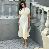 DERMEARNE Chic Patchwork Knitted Maxi Dress For Women elegant Short Sleeve Hollow Out Ribbed Long Dresses O-Neck High Waist Lady Knitwear