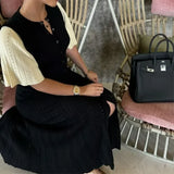 DERMEARNE Chic Patchwork Knitted Maxi Dress For Women elegant Short Sleeve Hollow Out Ribbed Long Dresses O-Neck High Waist Lady Knitwear