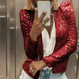 DermearneChic Sequin Women Jackets Fashion Sparkly Glitter Office Lady Short Blazer Coat Slim Fit Open Front Cardigan Jacket Outwear