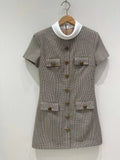 DERMEARNE Color collision high collar plaid dress temperament retro single-breasted short-sleeved women's dress 2025 spring new