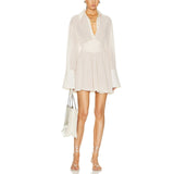 DERMEARNE Combhasaki Women Summer Sexy Solid Color See-through Long Sleeve Turn-Down Collar Pleated Waist Ruffled A-line Short Shirt Dress