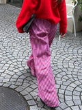 DERMEARNE Combhasaki Women's Y2K Retro Vintage Casual Striped/Solid Long Pants Button Elastic High Waist Aesthetic Loose Straight Trousers