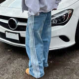 DERMEARNE Combhasaki Women's Y2K Vintage Button Waist Wide Leg Denim Long Pants Side Striped Print Loose Pocket Jeans Trousers Streetwear