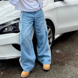 DERMEARNE Combhasaki Women's Y2K Vintage Button Waist Wide Leg Denim Long Pants Side Striped Print Loose Pocket Jeans Trousers Streetwear