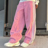 DERMEARNE Combhasaki Women's Y2K Vintage Button Waist Wide Leg Denim Long Pants Side Striped Print Loose Pocket Jeans Trousers Streetwear