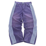 DERMEARNE Combhasaki Women's Y2K Vintage Button Waist Wide Leg Denim Long Pants Side Striped Print Loose Pocket Jeans Trousers Streetwear