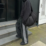 DERMEARNE Combhasaki Women's Y2K Vintage Button Waist Wide Leg Denim Long Pants Side Striped Print Loose Pocket Jeans Trousers Streetwear