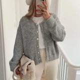 DERMEARNE Combhasaki Women's Y2K Vintage Crop Cardigan Solid Color Button Down Crew Neck Long Sleeve Loose Fit Sweater Casual Streetwear