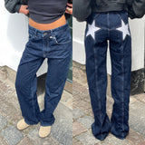Dermearne Combhasaki Women's Y2K Vintage Jeans Aesthetic Star Pattern Print Loose Straight Leg Denim Long Pants Casual Low Waist Trousers