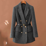 DERMEARNE Comes With Belt A Vintage Wool Jacket For Women Autumn And Winter 2024 New Double-Breasted Temperament Female Long Sleeve Blazer