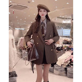 DERMEARNE Comes With Belt A Vintage Wool Jacket For Women Autumn And Winter 2024 New Double-Breasted Temperament Female Long Sleeve Blazer
