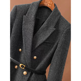 DERMEARNE Comes With Belt A Vintage Wool Jacket For Women Autumn And Winter 2024 New Double-Breasted Temperament Female Long Sleeve Blazer