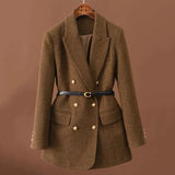 DERMEARNE Comes With Belt A Vintage Wool Jacket For Women Autumn And Winter 2024 New Double-Breasted Temperament Female Long Sleeve Blazer