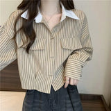 DERMEARNE Contrast Striped Patchwork Short Blouse Spring New Polo Neck Long Sleeve Loose Fashion Shirt Tops Office Casual Women Clothing