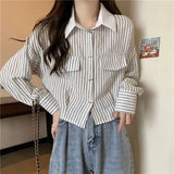 DERMEARNE Contrast Striped Patchwork Short Blouse Spring New Polo Neck Long Sleeve Loose Fashion Shirt Tops Office Casual Women Clothing