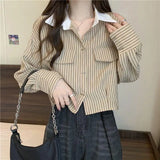 DERMEARNE Contrast Striped Patchwork Short Blouse Spring New Polo Neck Long Sleeve Loose Fashion Shirt Tops Office Casual Women Clothing