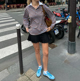 DERMEARNE Cool and Spicy Style Top Niche Contrasting Color Stripes Loose Long Sleeved T-Shirt Thin and Versatile Casual Fashion Polo Shirt