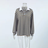 DERMEARNE Cool and Spicy Style Top Niche Contrasting Color Stripes Loose Long Sleeved T-Shirt Thin and Versatile Casual Fashion Polo Shirt