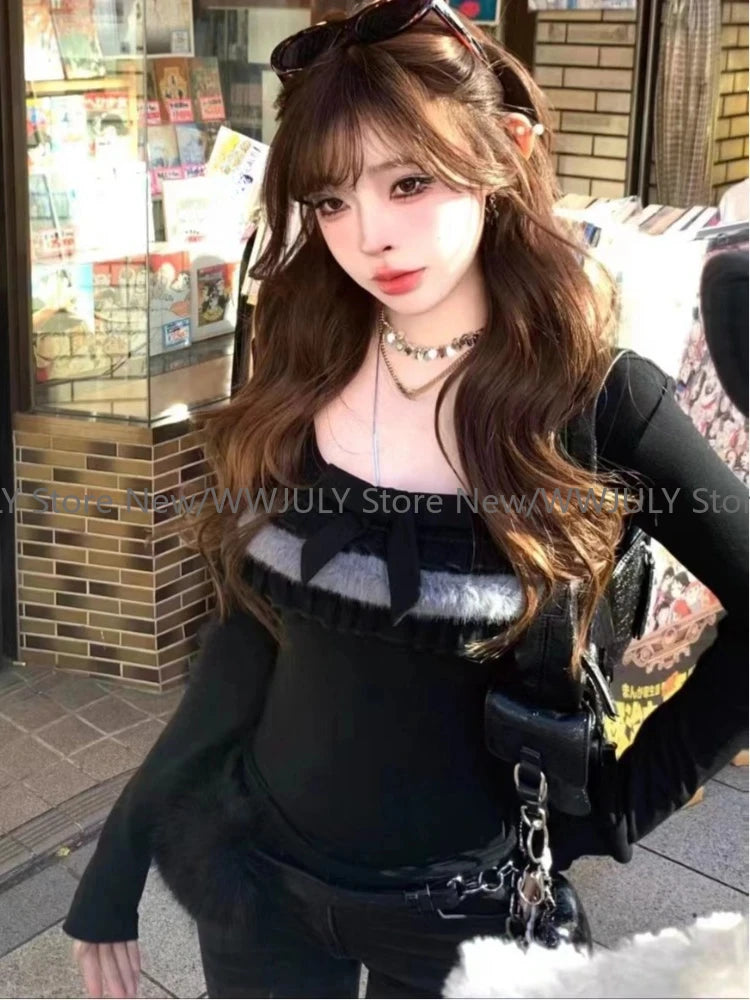 DERMEARNE Coquette Sexy Kawaii T Shirts Women Korean Style Y2k Vintage Streetwear Bow Patchwork Square Collar Slim Tees Tops 2025