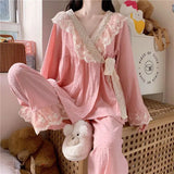 DERMEARNE Cotton Sleepwear Women Lace Kawaii Clothes Long Sleeve Long Pant Pajama Sets Loungewear Korean Kimono Homewear Pijama Mujer