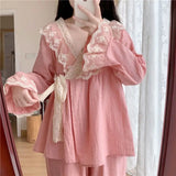 DERMEARNE Cotton Sleepwear Women Lace Kawaii Clothes Long Sleeve Long Pant Pajama Sets Loungewear Korean Kimono Homewear Pijama Mujer