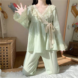 DERMEARNE Cotton Sleepwear Women Lace Kawaii Clothes Long Sleeve Long Pant Pajama Sets Loungewear Korean Kimono Homewear Pijama Mujer