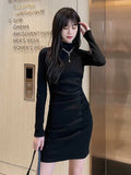 DERMEARNE Crochet Dresses for Women Black Turtleneck Extreme Mini Woman Knitted Dress Bodycon Short Pleated Curvy Cotton Long Sleeve Loose