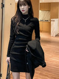 DERMEARNE Crochet Dresses for Women Black Turtleneck Extreme Mini Woman Knitted Dress Bodycon Short Pleated Curvy Cotton Long Sleeve Loose
