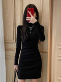 DERMEARNE Crochet Dresses for Women Black Turtleneck Extreme Mini Woman Knitted Dress Bodycon Short Pleated Curvy Cotton Long Sleeve Loose
