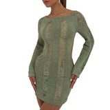 DERMEARNE Crochet Long Sleeve Bodycon Dress Women Sexy Hollow Out Backless Knitted Mini Dress 90s Vintage Coquette Female Cocktail Vestido