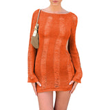 DERMEARNE Crochet Long Sleeve Bodycon Dress Women Sexy Hollow Out Backless Knitted Mini Dress 90s Vintage Coquette Female Cocktail Vestido